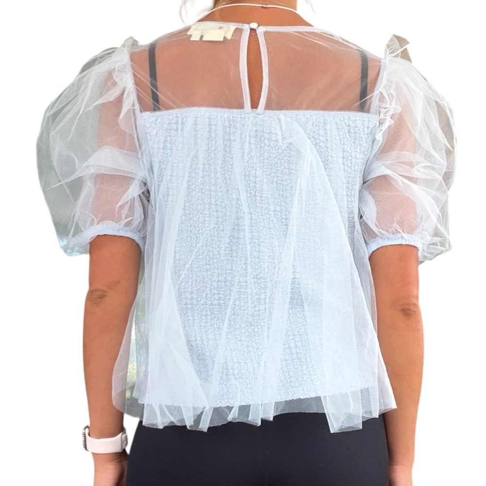 By Anthropologie Womens S Light Blue Sheer Puff-Sleeve Blouse OB1777381 Coquette - Picture 4 of 14